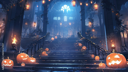 halloween scene horror background with creepy pumpkins of spooky Halloween haunted mansion Evil houseat night with full moon, Generative AI. photo