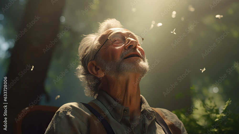 Older Retired Man Taking in Fresh Oxygen in State Park Forest. Hike Day. Concept of Active Retirement, Nature Rejuvenation, Forest Exploration, Outdoor Adventure, Hiking for Health, Fresh Air Intake.