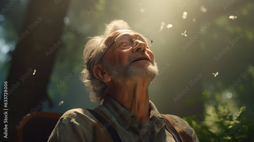 Older Retired Man Taking in Fresh Oxygen in State Park Forest. Hike Day. Concept of Active Retirement, Nature Rejuvenation, Forest Exploration, Outdoor Adventure, Hiking for Health, Fresh Air Intake. Older Retired Man Taking in Fresh Oxygen in State Park Forest. Hike Day. Concept of Active Retirement, Nature Rejuvenation, Forest Exploration, Outdoor Adventure, Hiking for Health, Fresh Air Intake.