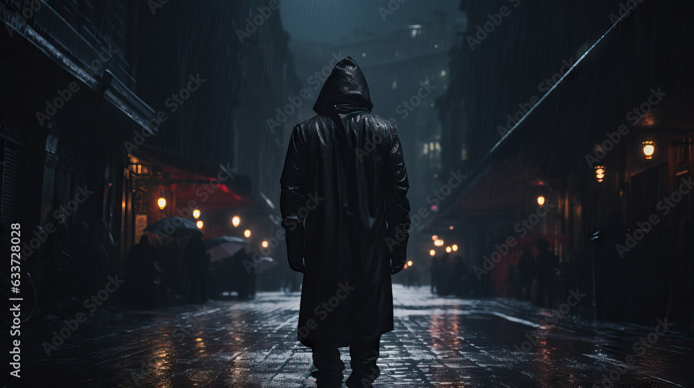Backside of Mysterious Hooded Figure Standing in Rainy Street. Concept of Enigmatic Presence, Rainy Atmosphere, Hidden Identity, Urban Mystery, Hooded Silhouette, Atmospheric Setting, Dramatic Scene. Backside of Mysterious Hooded Figure Standing in Rainy Street. Concept of Enigmatic Presence, Rainy Atmosphere, Hidden Identity, Urban Mystery, Hooded Silhouette, Atmospheric Setting, Dramatic Scene.
