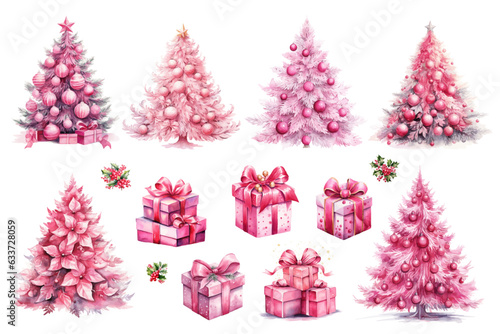 watercolor cute vector hot pink Christmas trees present gift boxes and holly berries vector