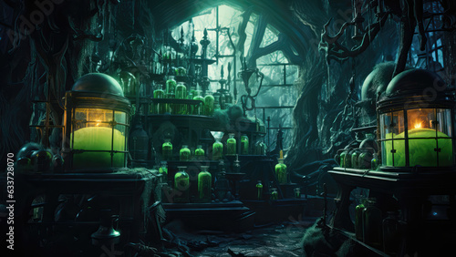 An image of a witch's lab with green poison. Halloween background.