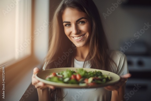 Portrait of sporty and smiling female eating healthy salad with vegetables