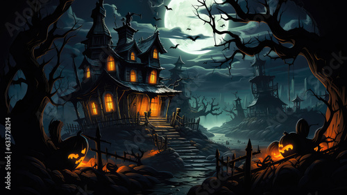 halloween scene horror background with creepy pumpkins of spooky Halloween haunted mansion Evil houseat night with full moon, Generative AI. photo