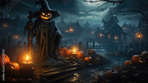 halloween scene horror background with creepy pumpkins of spooky Halloween haunted mansion Evil houseat night with full moon, Generative AI.
