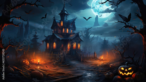 halloween scene horror background with creepy pumpkins of spooky Halloween haunted mansion Evil houseat night with full moon, Generative AI.