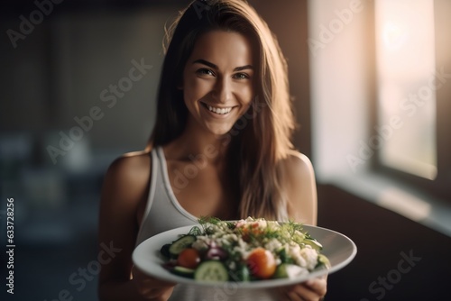 Portrait of sporty and smiling female eating healthy salad with vegetables