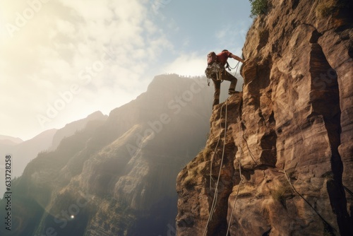 Elevation Endeavors: Climber Midway on Towering Mountain Cliff, Helmeted Profile Confronting the Unseen Challenge Generative AI 