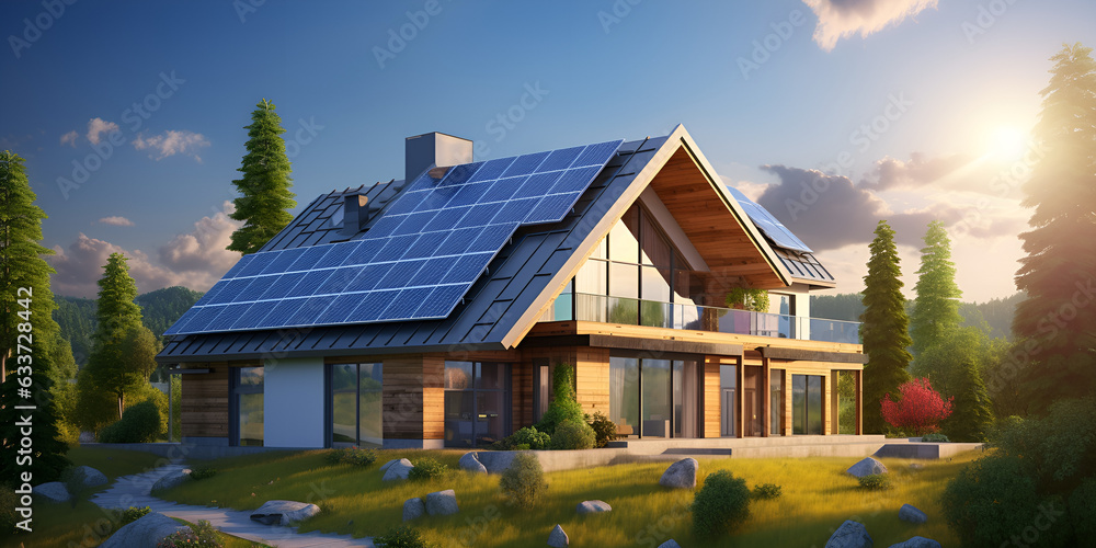 A wooden house with solar panels on the roof, Solar panels as part of traditional home design in the countryside, Modern house with solar photovoltaic panels on the roof 3D rendering style of eco hous