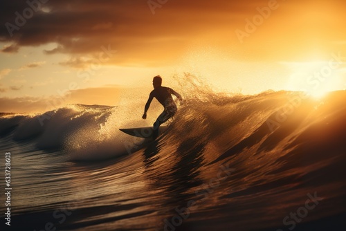 Man's silhouette that surfing on waves during sunset