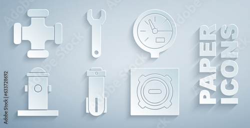 Set Water filter, meter, Fire hydrant, Manhole sewer cover, Wrench spanner and Industry metallic pipe icon. Vector