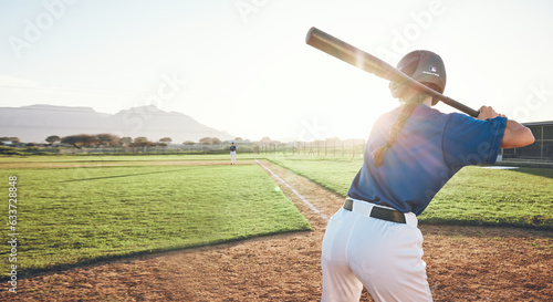 Cuadro en lienzo Bat, baseball and person swing outdoor on a pitch for sports, performance and competition