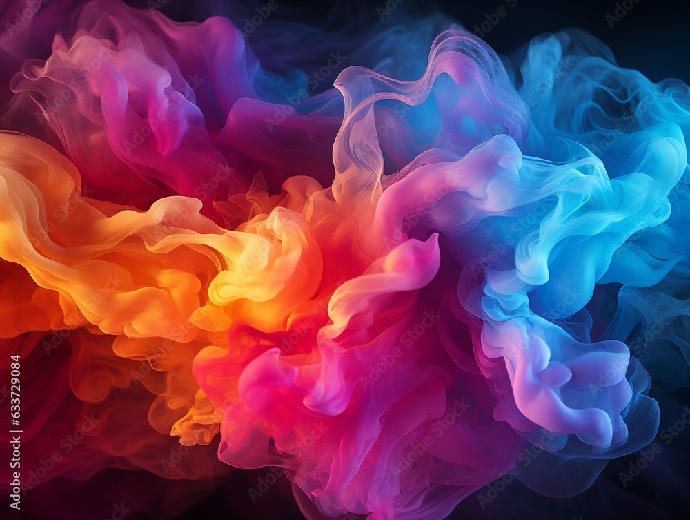 Abstract multicolored spreading bright Neon lighted smoke texture background generative ai
