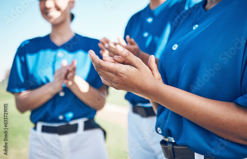 Baseball team hands, sports and celebration applause for congratulations, match winner or competition support. Player achievement, wow success and group of people clapping, praise and teamwork goals © Mumtaaz Dharsey/peopleimages.com