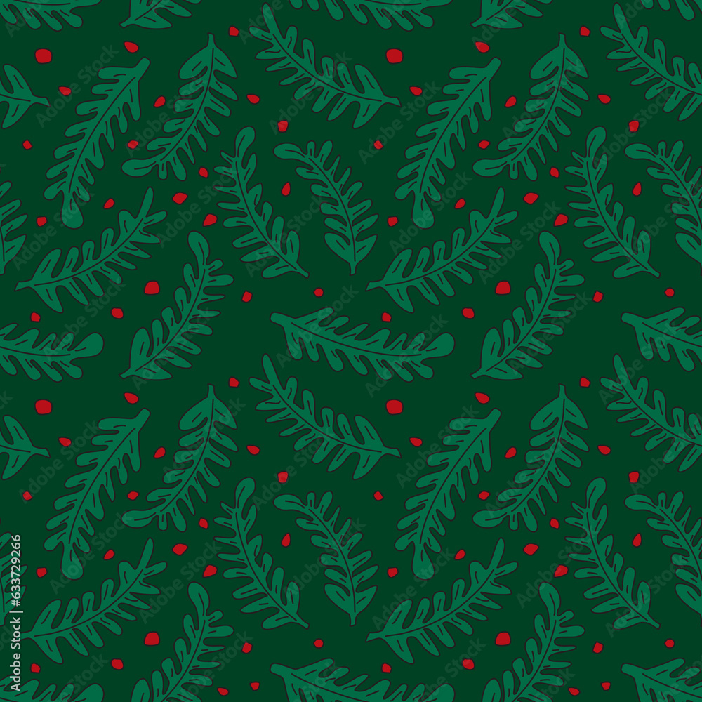 Seamless green and white vector pattern with leaves, tile background. Merry and Bright  Holiday universal abstract creative artistic templates with Christmas  floral backgrounds