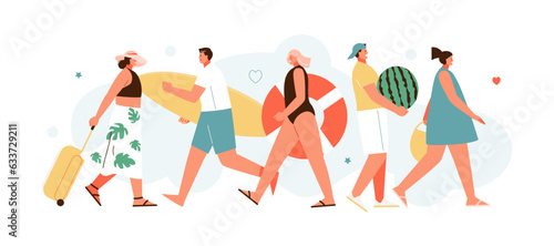 Resting people in summer clothes at the resort. Summer holidays, vacation and leisure. Vector characters