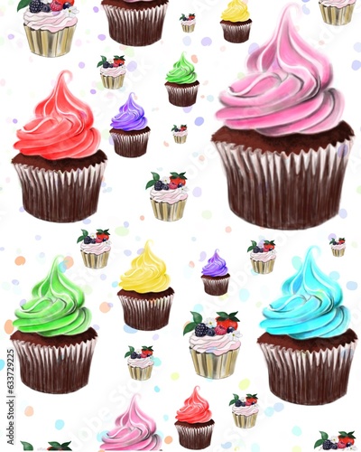 Seamless pattern with cakes on the white background 
