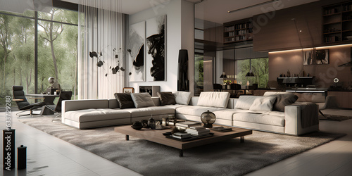 A living room with a large couch and a large window that says'the word home'on it , The interior design showcases a minimal color concept, that brings to life a bright and realistic ambiance. Generati © Chanda