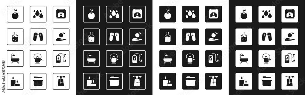 Set Aroma lamp, Slipper, Spa salt, Apple, in hand, Water drop, Music player and Bathtub icon. Vector Set Aroma lamp, Slipper, Spa salt, Apple, in hand, Water drop, Music player and Bathtub icon. Vector