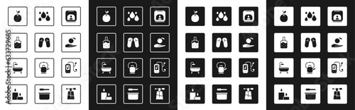 Set Aroma lamp, Slipper, Spa salt, Apple, in hand, Water drop, Music player and Bathtub icon. Vector