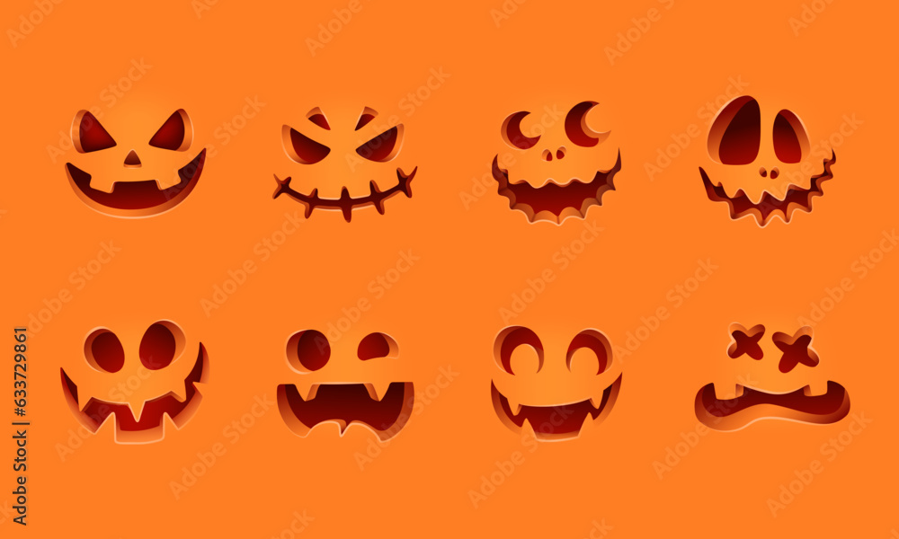 Isolated Halloween pumpkin carved faces silhouettes on orange. Isolated Halloween pumpkin carved faces silhouettes on orange.