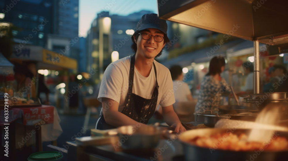 Portrait of smiling asian man cooking in a street Portrait of smiling asian man cooking in a street