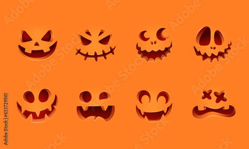 Isolated Halloween pumpkin carved faces silhouettes on orange.