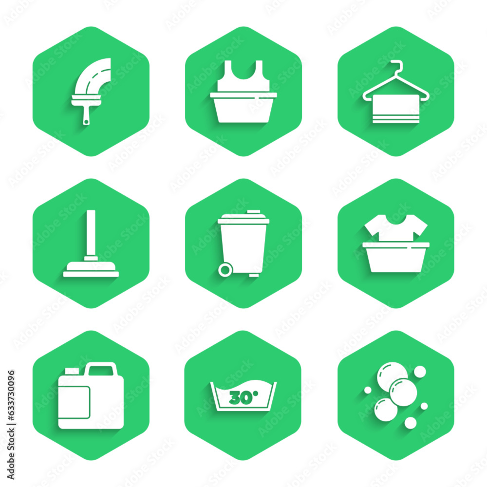 Set Trash can, Temperature wash, Soap water bubbles, Basin with shirt, Bottle for cleaning agent, Rubber plunger, Towel on hanger and cleaner windows icon. Vector Set Trash can, Temperature wash, Soap water bubbles, Basin with shirt, Bottle for cleaning agent, Rubber plunger, Towel on hanger and cleaner windows icon. Vector