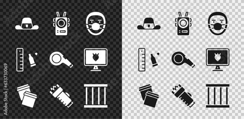Set Sheriff hat with badge, Police body camera, Doctor pathologist, Plastic bag ziplock, electric shocker, Prison window, Bullet casing ruler and Whistle icon. Vector