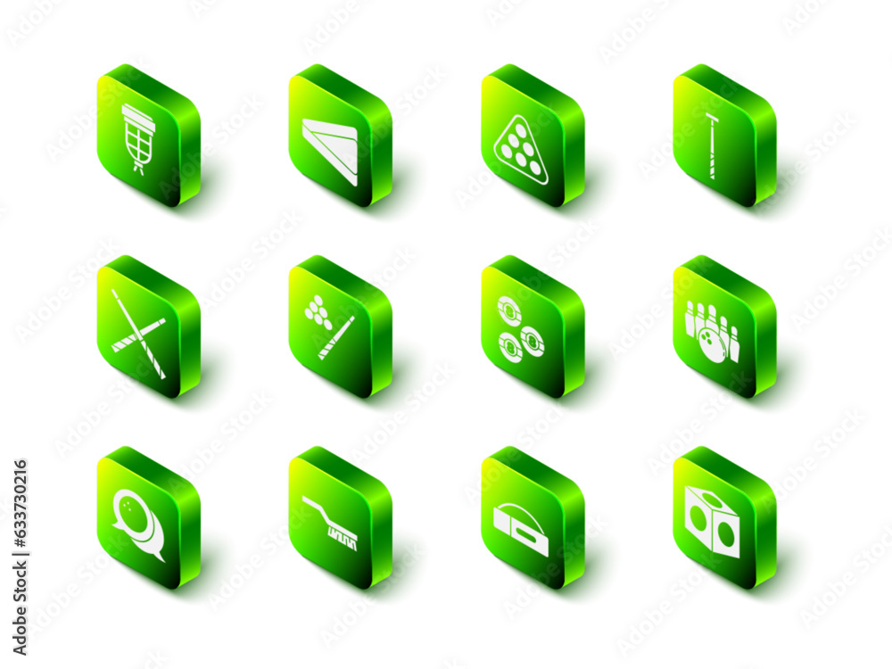 Set Billiard triangle, balls in rack, cue, Bowling pin and, chalk, Case for billiard and Pool table brush icon. Vector Set Billiard triangle, balls in rack, cue, Bowling pin and, chalk, Case for billiard and Pool table brush icon. Vector