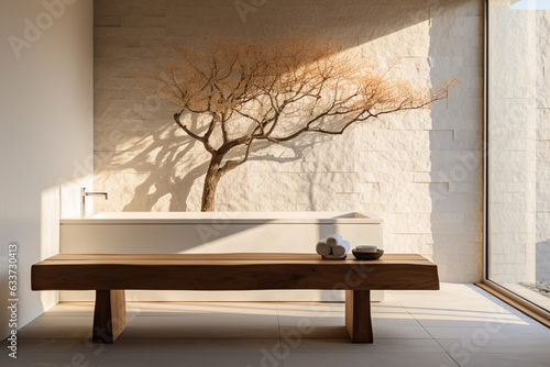 Modern japandi style bathroom . Bright space for relaxation and harmony. Zen vibes photo