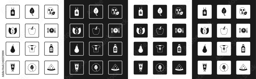 Set Facial cosmetic mask, Apple, Leaf or leaves, Vegan food diet, Essential oil bottle and Pear icon. Vector Set Facial cosmetic mask, Apple, Leaf or leaves, Vegan food diet, Essential oil bottle and Pear icon. Vector