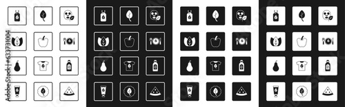 Set Facial cosmetic mask, Apple, Leaf or leaves, Vegan food diet, Essential oil bottle and Pear icon. Vector