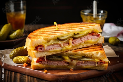 Authentic Cubano Sandwich with Pork Meat, Ham, Cheese, Pickle, Mustard and Dill - Delicious Cuban Street Food. Generative AI