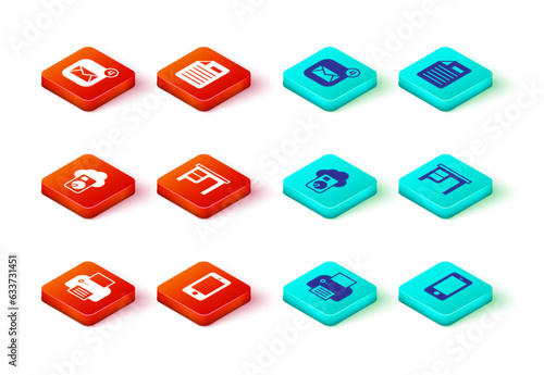 Set Printer, Mobile phone, Cloud database, Office desk, File document and Envelope icon. Vector