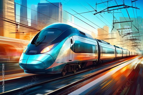 High-Speed Electric Passenger Train on Railway in Urban Landscape for Fast Transportation and Travel. Generative AI