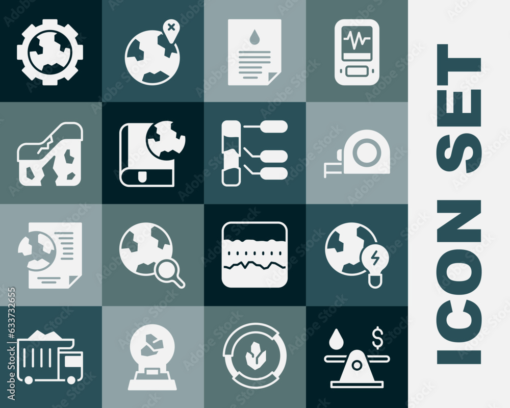 Set Oil money, Global planet with bulb, Roulette construction, drop document, Earth globe and book, Geological fault, Gear wheels earth and Soil analysis icon. Vector Set Oil money, Global planet with bulb, Roulette construction, drop document, Earth globe and book, Geological fault, Gear wheels earth and Soil analysis icon. Vector