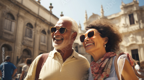 Portrait of senior couple tourists outdoors in historic town. AI Generated.