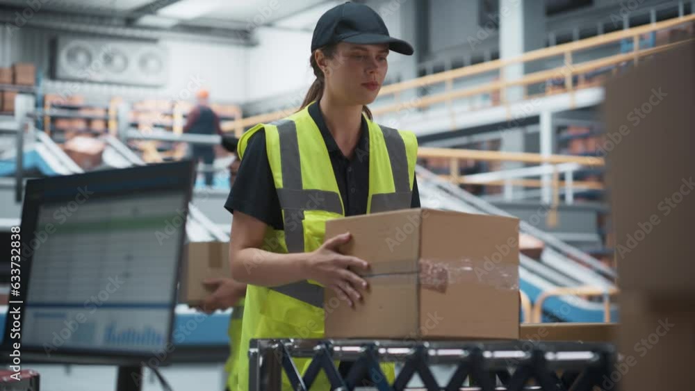 Caucasian Female Loader Putting Boxes On Automated Conveyor Belt In Modern Sorting Center. Woman In Reflective Work Jacket Loading Packages With Online Orders For Delivery To Customers Worldwide. Caucasian Female Loader Putting Boxes On Automated Conveyor Belt In Modern Sorting Center. Woman In Reflective Work Jacket Loading Packages With Online Orders For Delivery To Customers Worldwide.