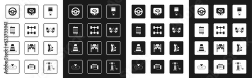 Set Engine piston, Chassis car, Car radiator cooling system, Steering wheel, accident, Check engine, service and Traffic cone icon. Vector