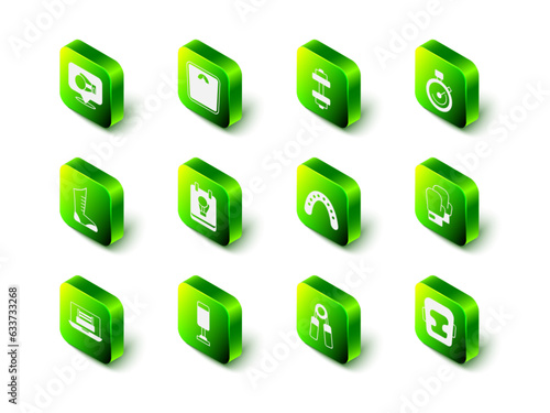 Set Bathroom scales, Dumbbell, Stopwatch, Boxing glove, helmet, Mouth guard boxer, Sport expander and Punching bag icon. Vector