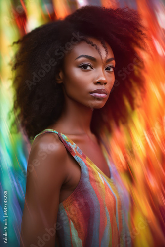 Beautiful very skinny young black woman on blur soft colorful background