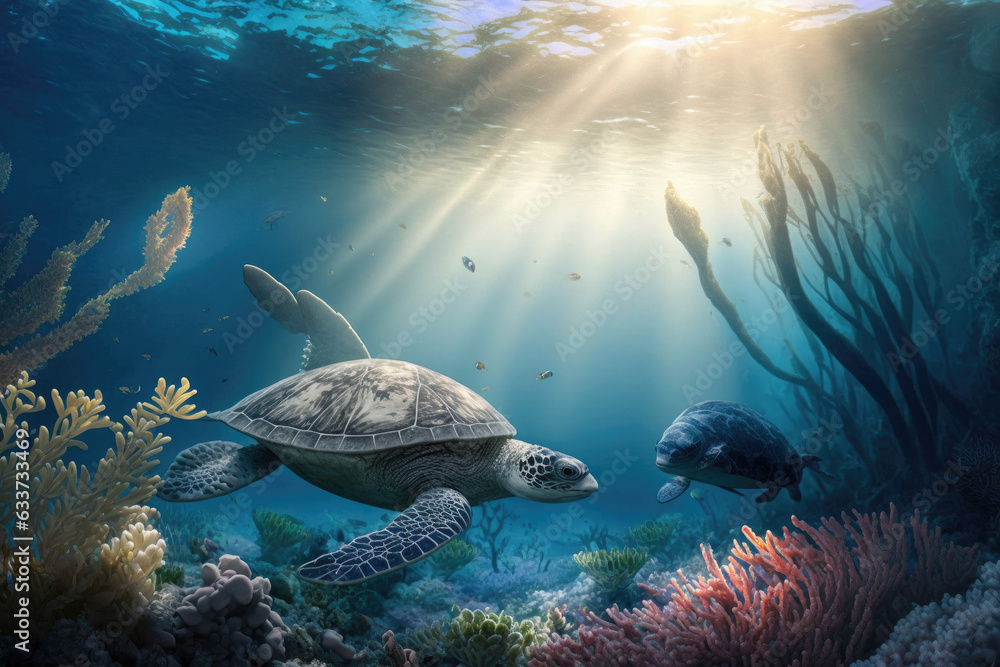 Obraz premium Majestic Green Sea Turtle Cruising Over Vibrant Coral Reef