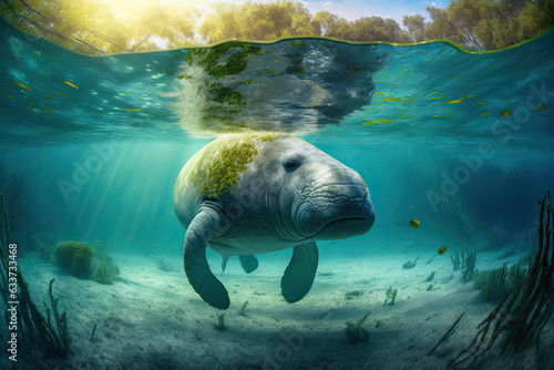 Serene Manatee Gliding Through Crystal Waters, Generative AI