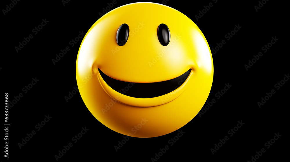 Fototapeta premium yellow round smiley face with black eyes and black mouth on black background, AI generated