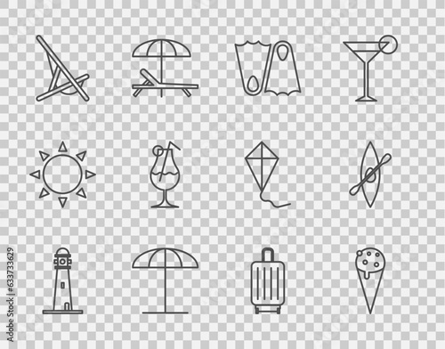 Set line Lighthouse, Ice cream in waffle cone, Rubber flippers, Sun protective umbrella for beach, Sunbed, Cocktail and alcohol drink, Suitcase and Kayak canoe paddle icon. Vector