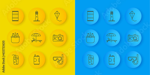 Set line Cocktail and alcohol drink, Cooler bag water, Sunbed umbrella, Diving mask snorkel, Photo camera, Beach towel, Kite and Lighthouse icon. Vector