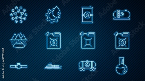 Set line Oil petrol test tube, Canister for motor machine oil, Barrel, Oilfield, Molecule, gasoline and industrial factory building icon. Vector