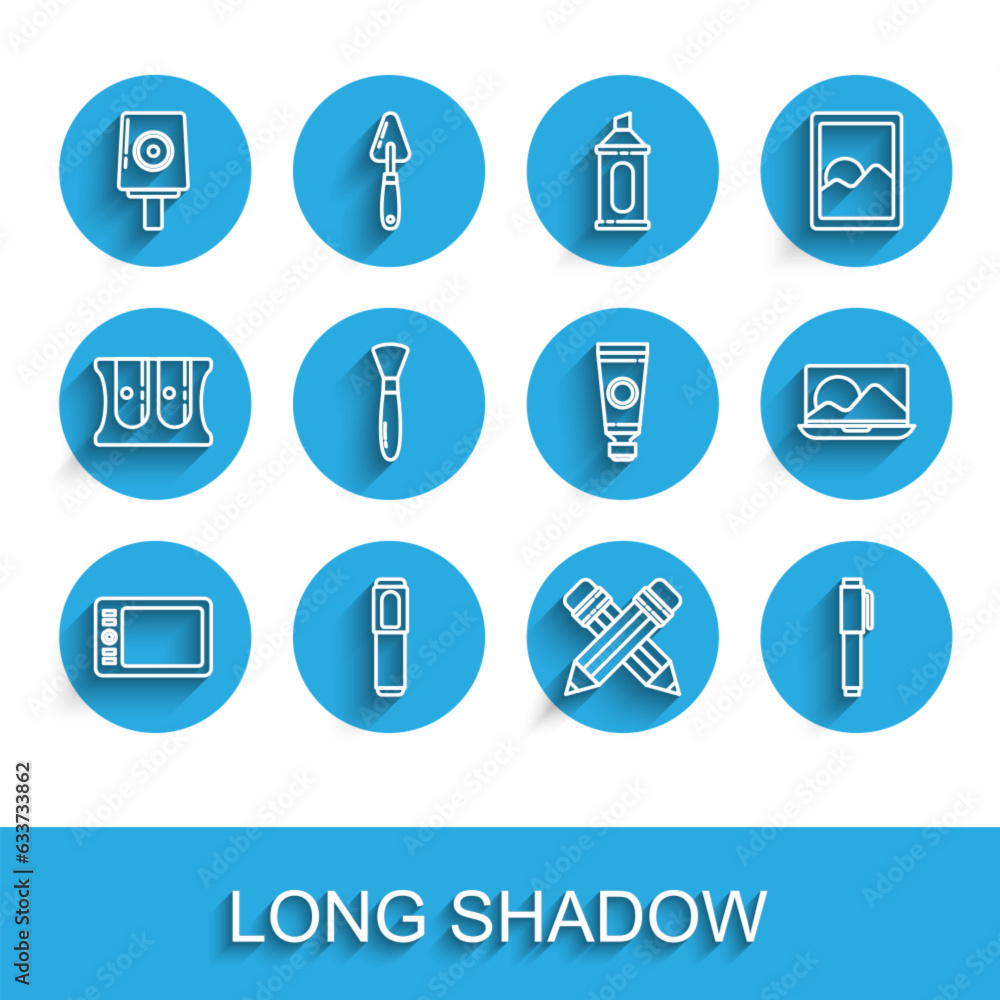 Set line Graphic tablet, Marker pen, Spray can nozzle cap, Crossed pencil with eraser, Pen, Paint brush, Laptop and Tube paint palette icon. Vector Set line Graphic tablet, Marker pen, Spray can nozzle cap, Crossed pencil with eraser, Pen, Paint brush, Laptop and Tube paint palette icon. Vector