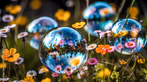 Bright colored flowers with soap bubbles. Natural background. Generative AI technology.